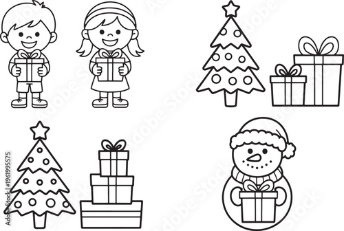 Kids Christmas tree with polka dots and a star topper Coloring Book Icons line art bundle set