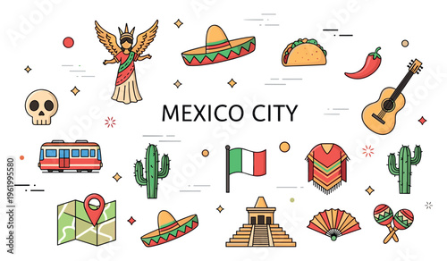 Colorful symbols of mexico city culture and iconography