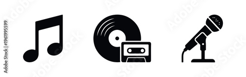 Set of three black and white music icons featuring a musical note, a vinyl record with a cassette tape, and a microphone on a stand.