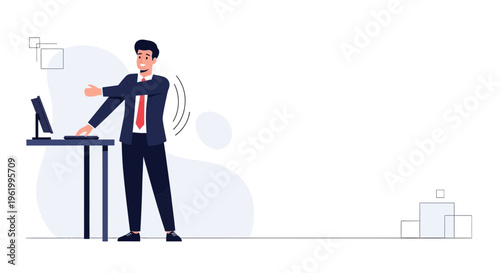 Businessman stretching at desk, feeling tired, office work, burnout, health concept