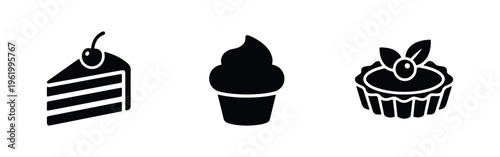 A minimalist set of black dessert icons featuring a layered cake slice with a cherry, a swirled cupcake, and a fruit tart on a white background.