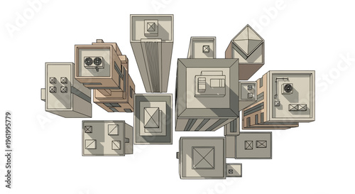 Aerial View of Cityscape with Modern Buildings and Shadows