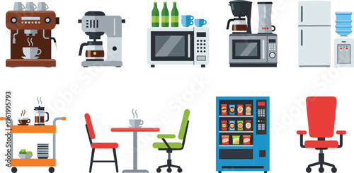Office breakroom kitchen equipment vector collection featuring coffee machine microwave vending machine refrigerator snack cart table chairs and workstation furniture for workplace interior design.