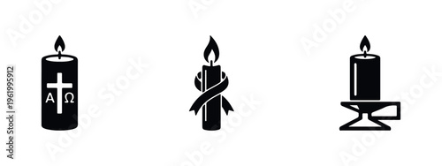 Minimalist black candle icons featuring a religious paschal candle with a cross, a memorial candle with a ribbon, and a candle in a candlestick.