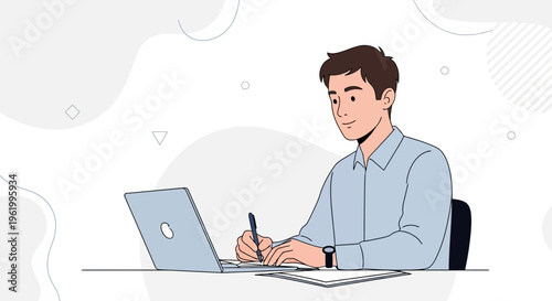 Young man writing at desk with laptop, modern office, focused work, remote job, business concept