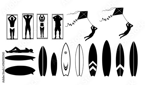 A vector graphic illustration of various black silhouettes and icons depicting people surfing and flying kites with multiple surfboard designs on a white background