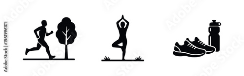 Minimalist black icons depicting healthy activities: running by a tree, practicing yoga outdoors, and fitness essentials like shoes and water bottle.