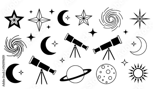 A vector graphic illustration of various astronomy symbols including telescopes, planets, moons, stars, and galaxies in a flat minimal design style on a white background