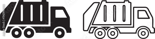 Garbage truck vector icons in solid and outline styles, waste management vehicle symbols, sanitation and recycling truck graphics for urban services