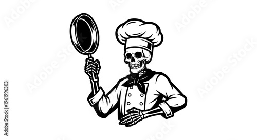 Skeleton Chef Character Wearing Toque and Uniform Holding a Skillet Pan Vector Illustration