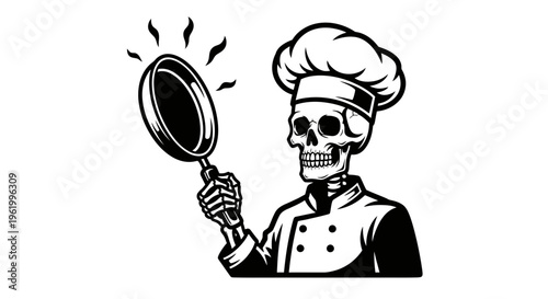 Skeleton Chef Holding a Hot Frying Pan, Black and White Vector Illustration of a Spooky Culinary Mascot