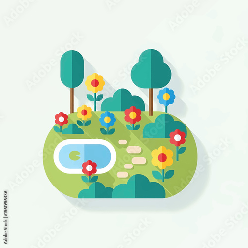 A serene and vibrant cartoon landscape with flowers, trees, and a pond