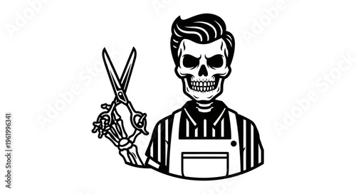 Vintage Skeleton Barber Mascot with Pompadour Hair Holding Professional Hairdresser Scissors