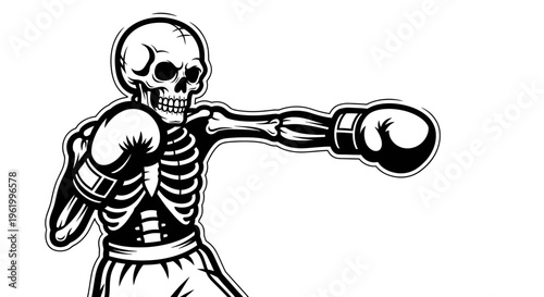 Skeleton Boxer Punching Vector Illustration, Vintage Style Skeletal Fighter in Boxing Gloves and Shorts for Sports Logo or Tattoo Design
