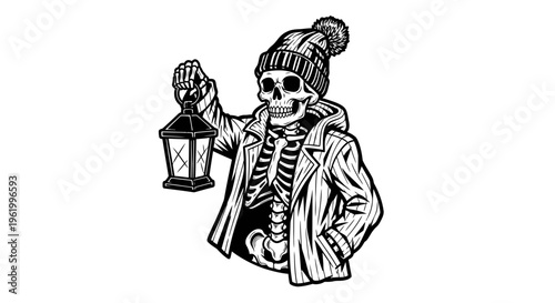 Skeleton Character Wearing a Beanie and Jacket Holding a Vintage Lantern Vector Illustration
