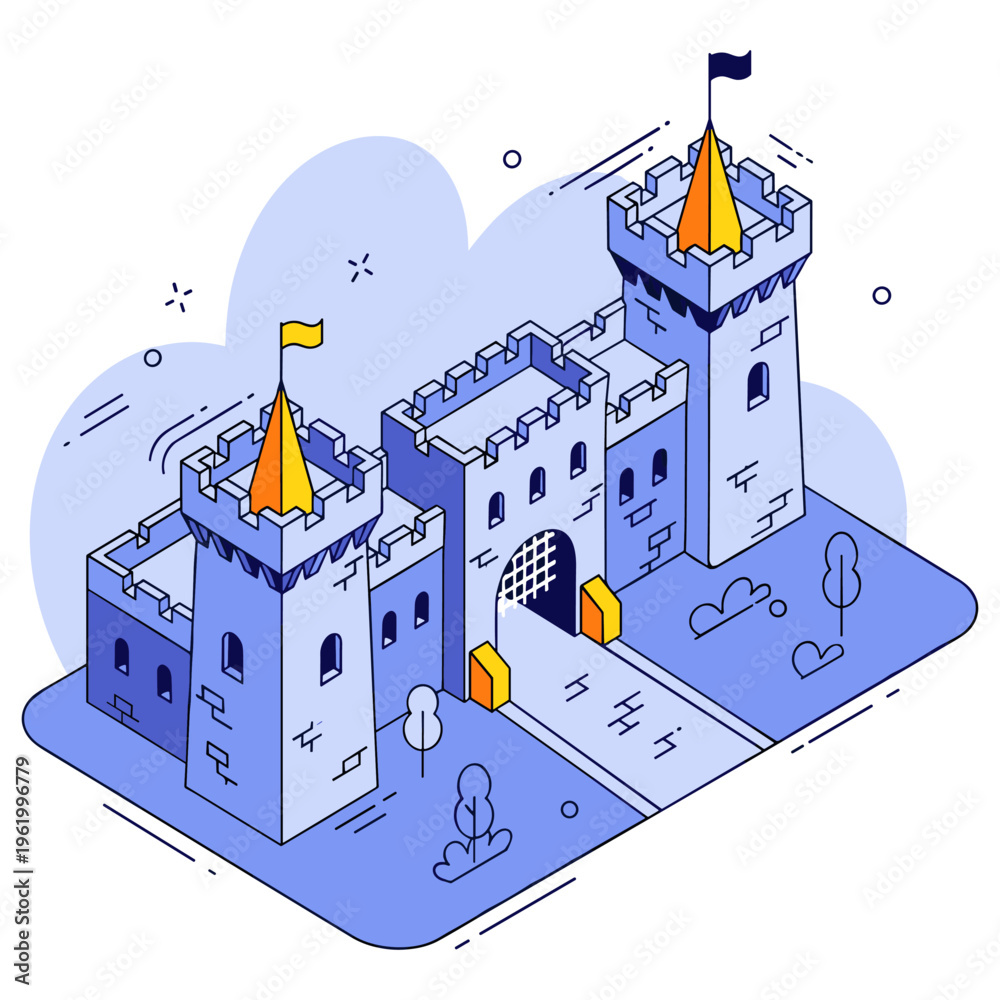 Fototapeta premium Colorful cartoon medieval castle with towers and flags in a cloudy sky. No editable stroke