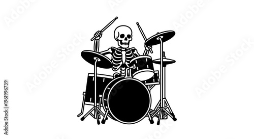 Skeleton drummer playing drum set illustration, minimalist black and white vector art of a human skull musician with drumsticks