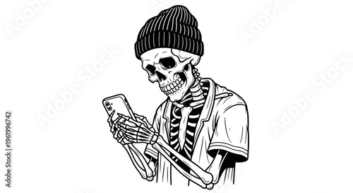 Hipster Skeleton Character Wearing Beanie and Shirt Using a Smartphone Vector Illustration