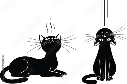 Two black cat silhouettes in unique poses featuring a lying cat looking up and a sitting cat looking down from a high angle