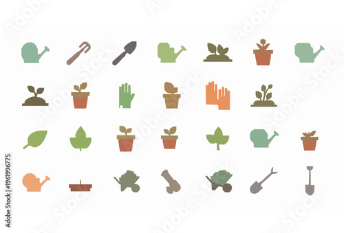 Gardening icons vector set with tools plants and equipment in flat design isolated on white background