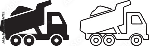 Dump truck vector icons in solid and outline styles, heavy construction machinery symbols, industrial tipper truck graphics for logistics and mining