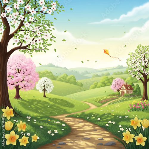 A serene spring landscape with a winding path through blossoming trees and vibrant flowers under a clear blue sky