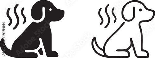 Smelly dog icon set, stinky pet odor symbols in solid and line vector styles, bad breath and hygiene concept for veterinary and grooming services