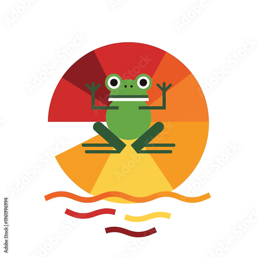 A green frog sits in a lotus position before a multicolored circle