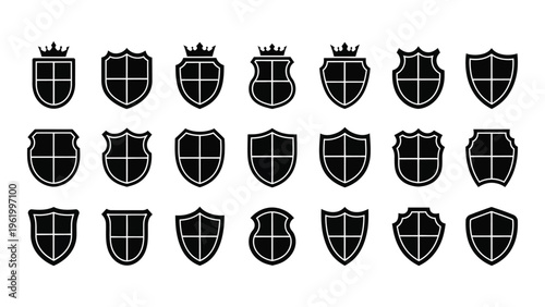Collection of 20 black heraldic shields with various crowns and designs