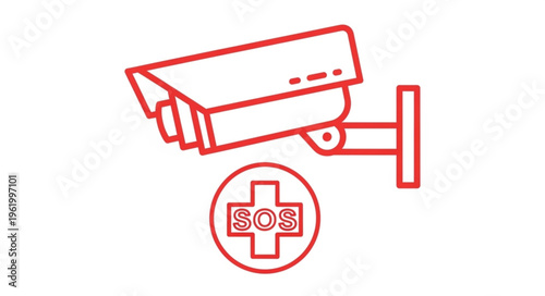 Red security camera with SOS symbol for emergency alert.