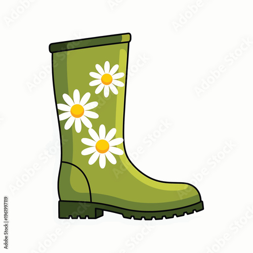 A green rain boot with three white flowers