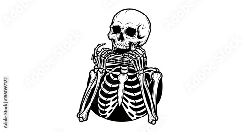 Vintage Skeleton Playing Harmonica Vector Illustration, Hand-Drawn Human Skull Musician Design for T-shirts and Posters