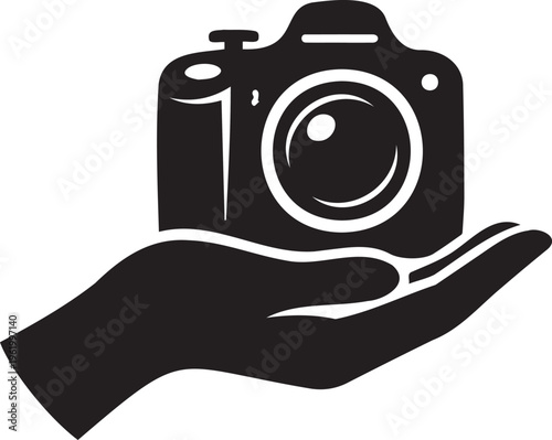 Minimalist camera icon held in hand vector, professional photography logo symbol, black and white digital SLR camera illustration for branding