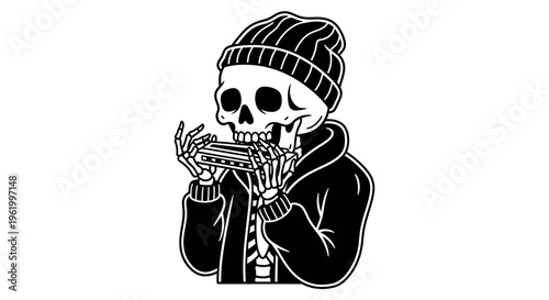 Skeleton Wearing Beanie and Jacket Playing Harmonica Musician Character Vector Illustration