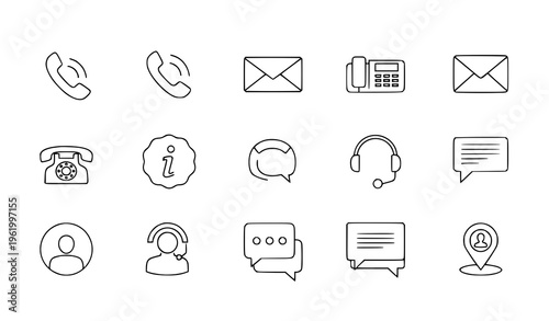 Minimal contact line icons set with phone mail fax info and support symbols vector illustration