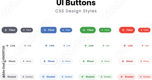 UI buttons CSS design styles. Filled, ghost, link, shaded variations. Active, inactive states, color hover, outline effects. Interactive web, mobile components, call-to-action. CTA user app interface