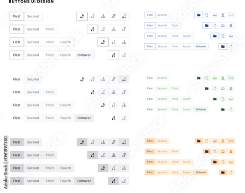 UI design Pagination buttons component set. Sort filter controls, active and inactive states. Web, mobile interface CSS styles. App design, navigation. UI kit Page navigation system with numbers