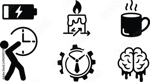 Energy and burnout icons, battery symbol, candle time, coffee mug, clock pressure, productivity gear, mental fatigue brain, vector illustration