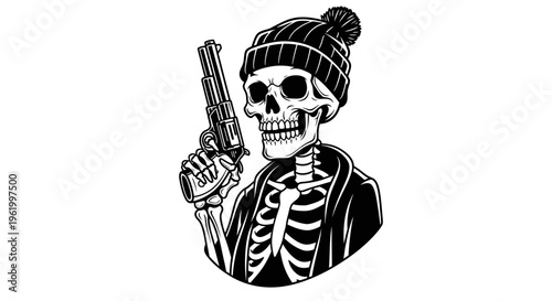 Skeleton Wearing Beanie and Hoodie Holding a Revolver Gun Vector Illustration