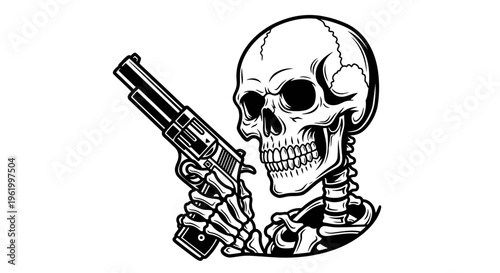 Human Skull Skeleton Character Holding a Revolver Handgun, Vintage Tattoo Vector Illustration Isolated on White Background