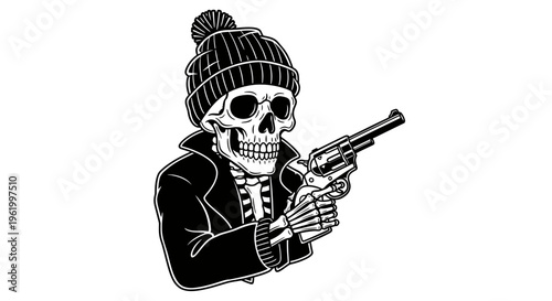 Skeleton Character Wearing Beanie Hat and Holding a Revolver Gun Vector Illustration