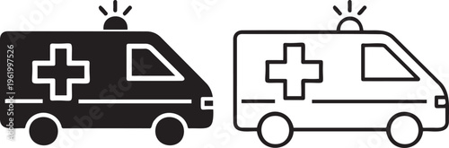 Ambulance emergency vehicle icons, medical transport van symbols in solid and outline styles, healthcare first aid response vector graphics