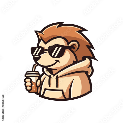 Cool Hedgehog Wearing Sunglasses and Hoodie Drinking Iced Coffee.