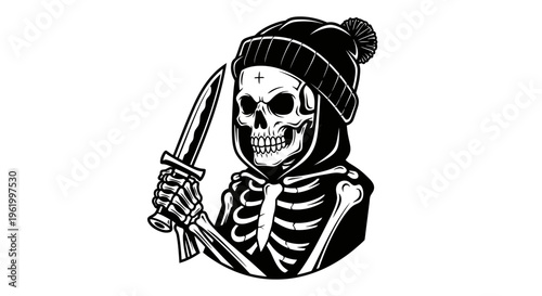 Skeleton Streetwear Mascot Wearing Beanie Hat and Hoodie Holding a Dagger Knife Vector Illustration