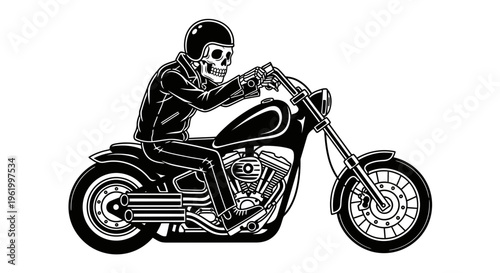 Skeleton Biker in Leather Jacket and Helmet Riding a Custom Chopper Motorcycle Vector Illustration