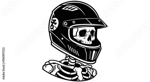 Skeleton Biker Wearing a Full Face Motorcycle Helmet Vector Illustration