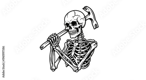 Vintage Skeleton Worker Illustration Holding a Claw Hammer over Shoulder