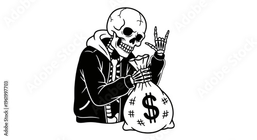 Cool Skeleton in Hoodie Holding Money Bag with Dollar Sign and Rock On Hand Gesture Vector Illustration