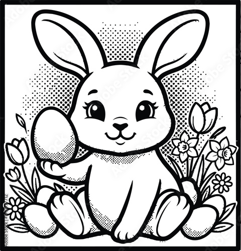 Retro style Easter illustration with halftone effect, line art
Minimal line art of spring flowers with Easter eggs
