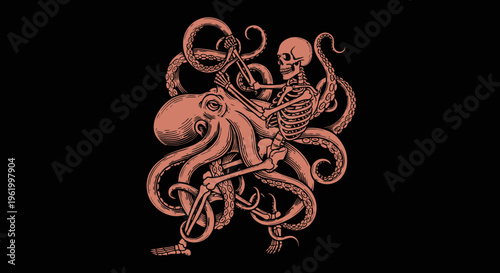 Vintage Style Illustration of a Human Skeleton Riding a Giant Octopus Kraken Sea Monster